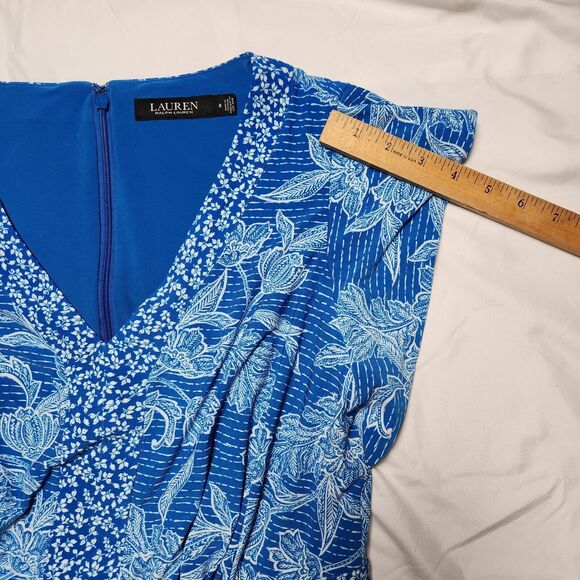Lauren Ralph Lauren Womens 8 Short Sleeve V Neck Floral Midi Dress Blue White - Picture 8 of 9